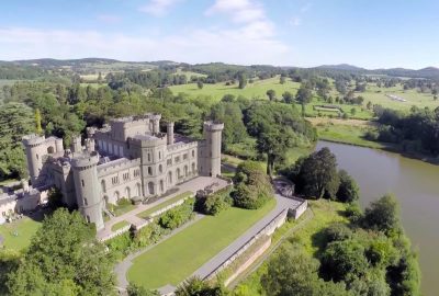 Aerial view of Eastnor Castle and lake